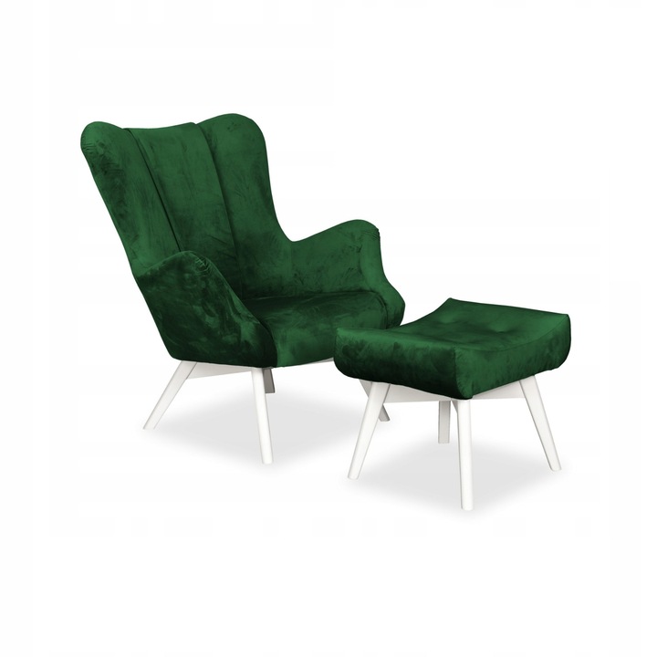 Fotel lábtartóval Vika, skandináv, családi bútor, 100x78x87 cm, bársony/fa, zöld