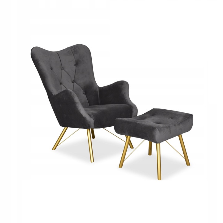 Fotel lábtartóval Luna, skandináv, családi bútor, 100x78x87 cm, bársony/fa, sötétszürke