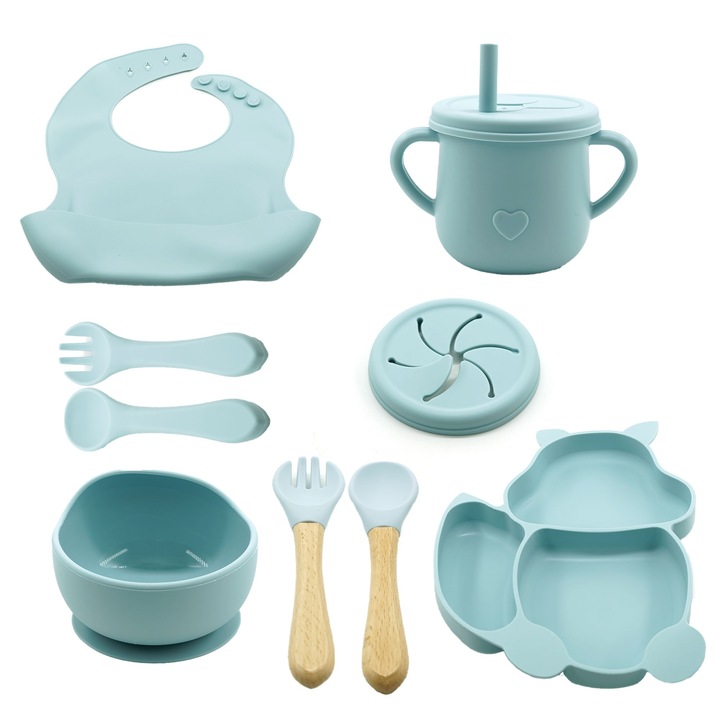 Set 10 piese diversificare pentru bebelusi si copii, cu ventuza, din silicon, baby blue, Avaleea