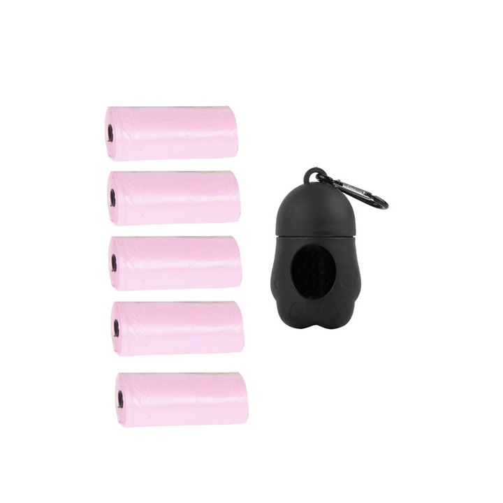 Kutya higiéniai táskatartó HygienePaw, 5 szett, karabinerrel, fekete/rózsaszín, 8 cm, Doty®️