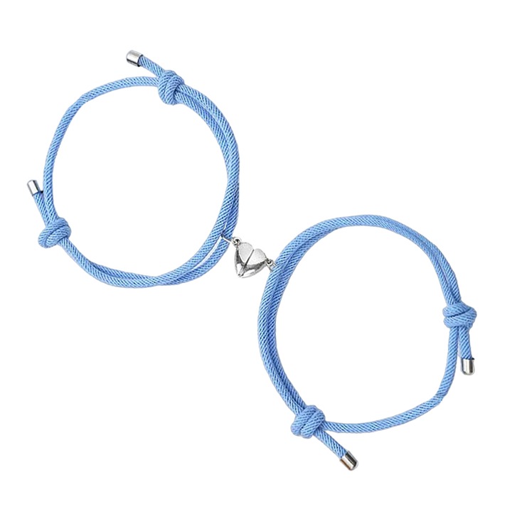 Set bratari cuplu cu inima din magnet, tip sfoara, reglabile, lucrate manual, albastre, EFAYN