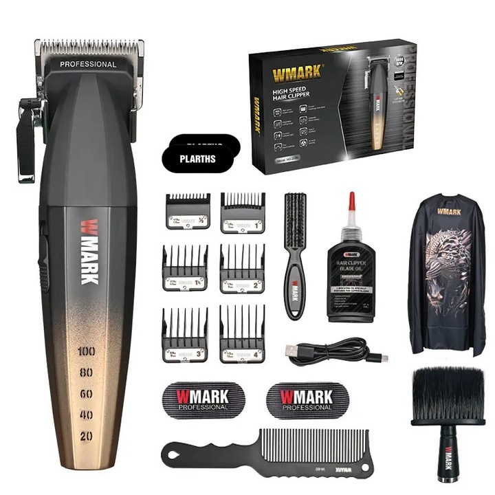 Masina de tuns profesionala cu acumulator, Wmark NG-2038, motor puternic 9000rpm, afisaj LED, 6 gratare premium, pieptan, pelerina, pamatuf, 2 arici, gold