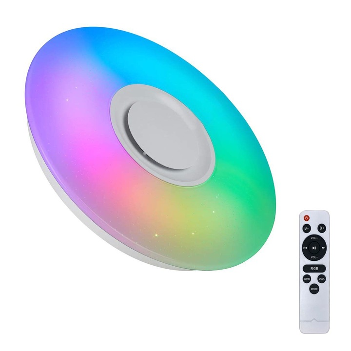 Plafoniera LED 20W, RGB, Bluetooth, Music, alb, dimabil, telecomanda