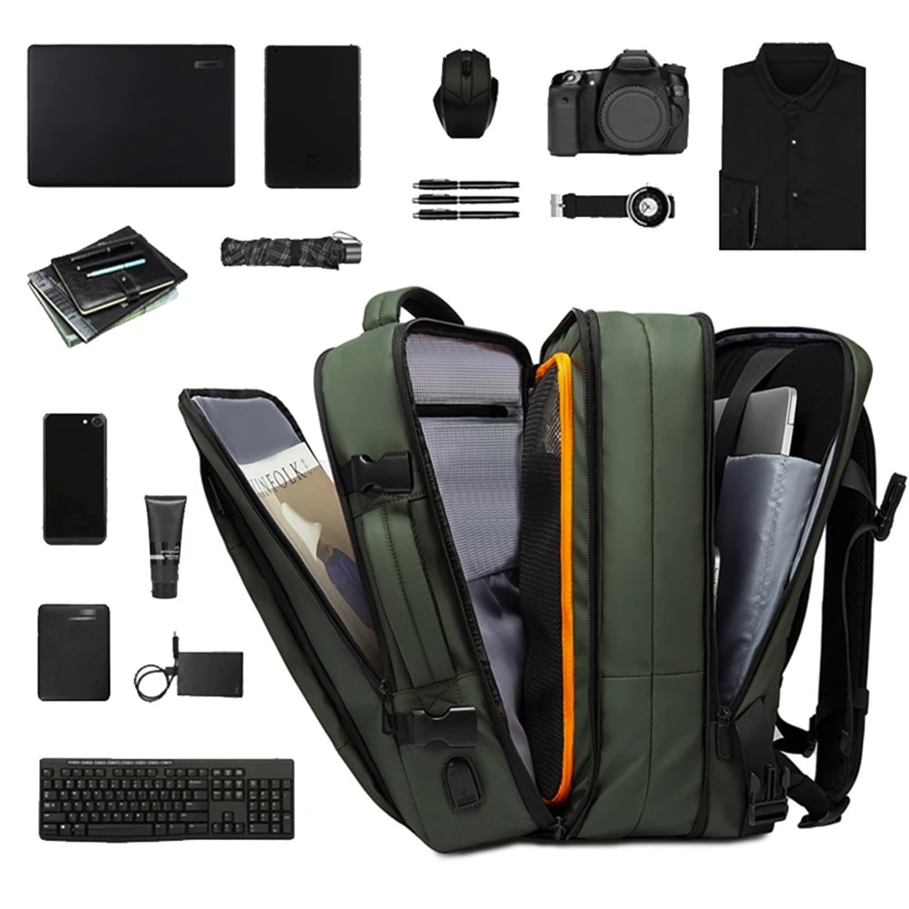 Rucsac laptop 15.6", pentru calatorii, impermeabil, expandabil pana la 37 L, cu port de incarcare USB, BANGE, 44x30x16 cm, Verde