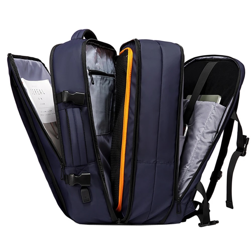 Rucsac laptop 15.6", pentru calatorii, impermeabil, expandabil pana la 37 L, cu port de incarcare USB, BANGE, 44x30x16 cm, Albastru