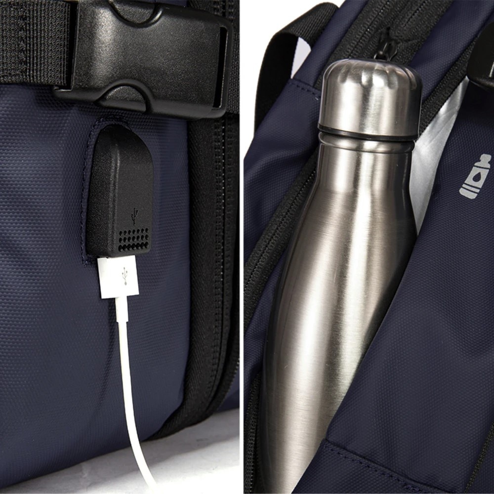 Rucsac laptop 15.6", pentru calatorii, impermeabil, expandabil pana la 37 L, cu port de incarcare USB, BANGE, 44x30x16 cm, Albastru