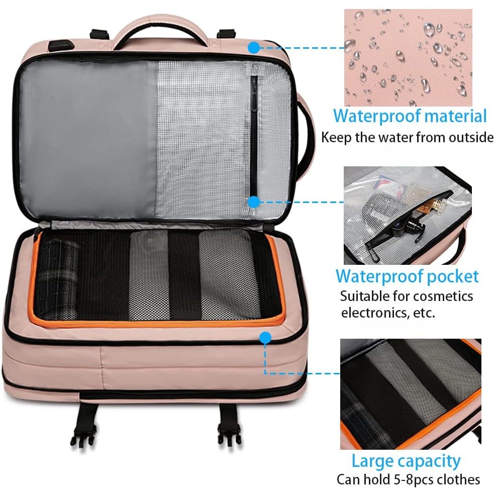 Rucsac laptop 15.6", pentru calatorii, impermeabil, expandabil pana la 37 L, cu port de incarcare USB, BANGE, 44x30x16 cm, Roz