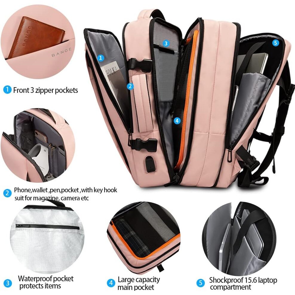 Rucsac laptop 15.6", pentru calatorii, impermeabil, expandabil pana la 37 L, cu port de incarcare USB, BANGE, 44x30x16 cm, Roz