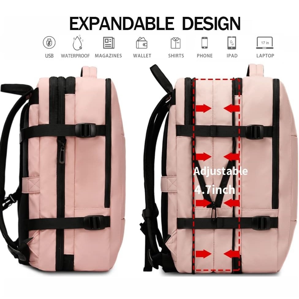 Rucsac laptop 15.6", pentru calatorii, impermeabil, expandabil pana la 37 L, cu port de incarcare USB, BANGE, 44x30x16 cm, Roz