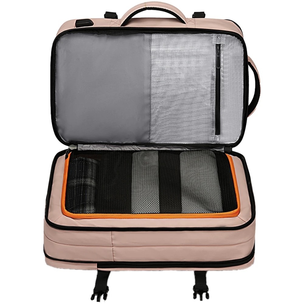 Rucsac laptop 15.6", pentru calatorii, impermeabil, expandabil pana la 37 L, cu port de incarcare USB, BANGE, 44x30x16 cm, Roz