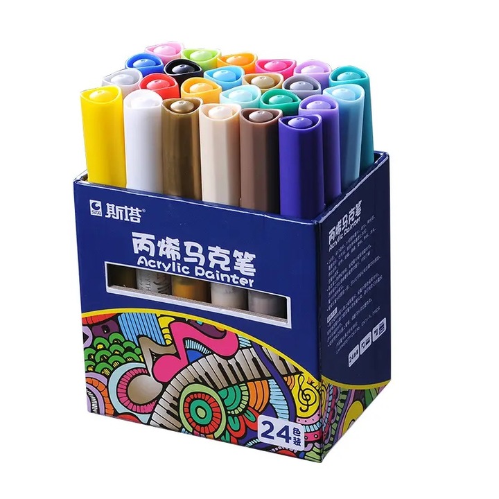 Set 24 markere multicolore, cu vopsea acrilica, varf 2-3mm, pentru hartie, piatra, sticla, ceramica, lemn, textile, panza