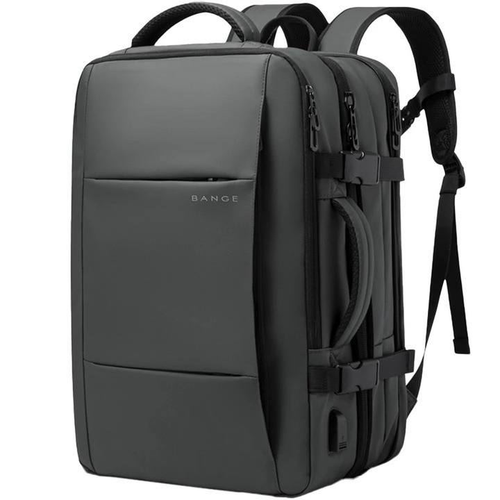 Rucsac laptop 15.6", pentru calatorii, impermeabil, expandabil pana la 37 L, cu port de incarcare USB, BANGE, 44x30x16 cm, Gri