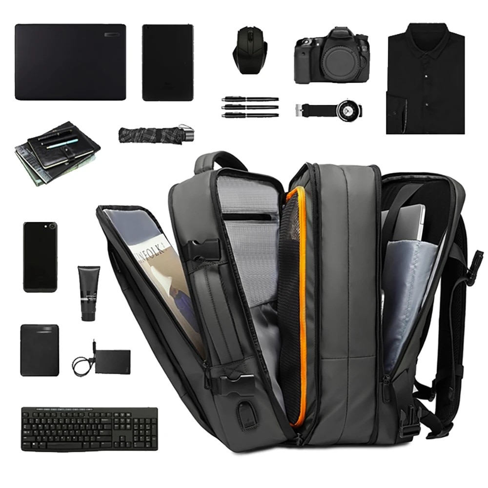 Rucsac laptop 15.6", pentru calatorii, impermeabil, expandabil pana la 37 L, cu port de incarcare USB, BANGE, 44x30x16 cm, Gri
