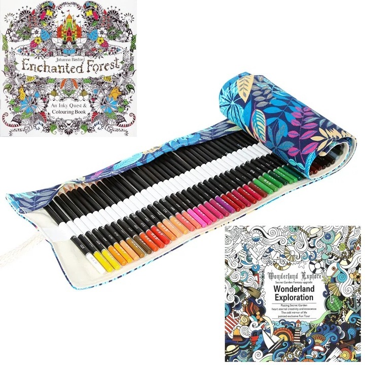 Set 72 creioane colorate cu penar rulat, pentru desen si schite si 2 carti de colorat