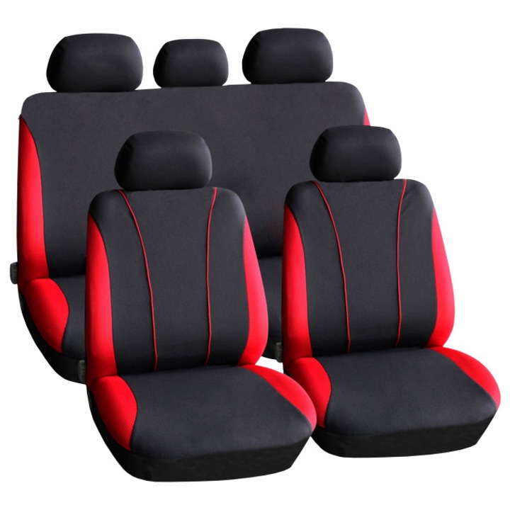Set huse auto universale CARGUARD, roșu și negru, 9 piese, material poliester, dimensiuni 118x56cm, 132x80cm, 132x59cm, 30x27cm