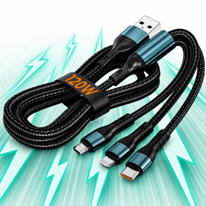 Cablu incarcare Timebox 3 in 1 120W Fast Charge, USB la Type-C, Lightning si Micro USB, nailon rezistent 1.2m, compatibil telefon, tableta, laptop, iPhone, Samsung, Huawei, Xiaomi, MacBook, Albastru