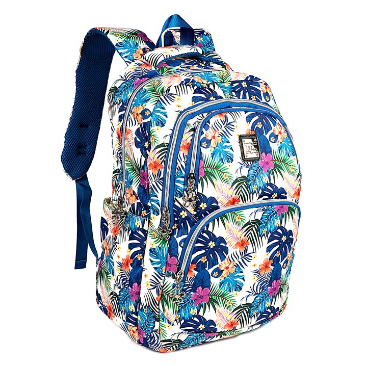 Mesco Fashion hátizsák fehér-kék 4 rekesszel Virágok, 42 x 30 x 14 cm