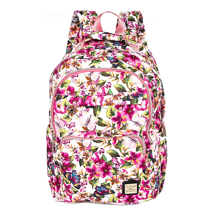 Mesco Fashion hátizsák rózsaszín-zöld 3 rekesszel, virágokkal, 42 x 30 x 14 cm