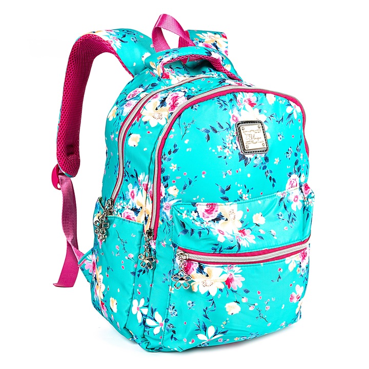 Mesco Fashion hátizsák rózsaszín-kék 3 rekesszel virágokkal, 42 x 30 x 14 cm