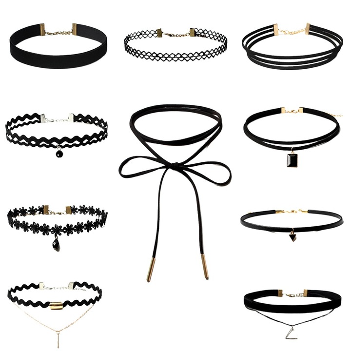 GOGOU Choker nyaklánc készlet, 10 db-os, bársony, fekete