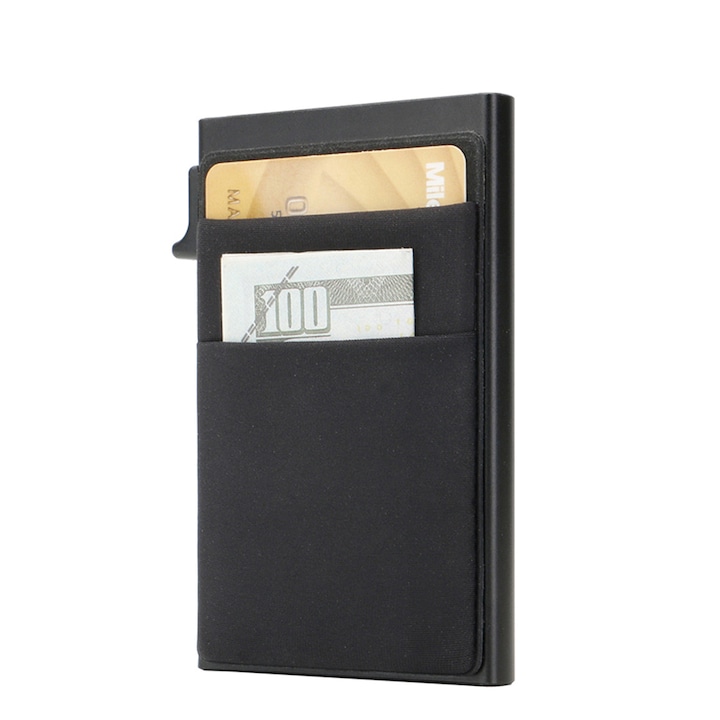 Felugró vékony alumínium pénztárca, GOGOU®, RFID védelem, 6 kártya kapacitású, fekete