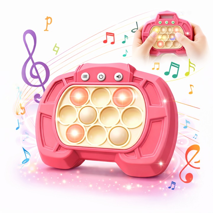 Jucarie Pop It Electronica Miraza, Upgradat cu 200 de Nivele Diferite, Model Nava Spatiala, Antistres, Senzoriala, Ajuta Memoria si Indemanarea, Modul Jucatori Multiplii, Lumini si Sunet, Surubelnita Inclusa, 13 x 11 cm, Roz