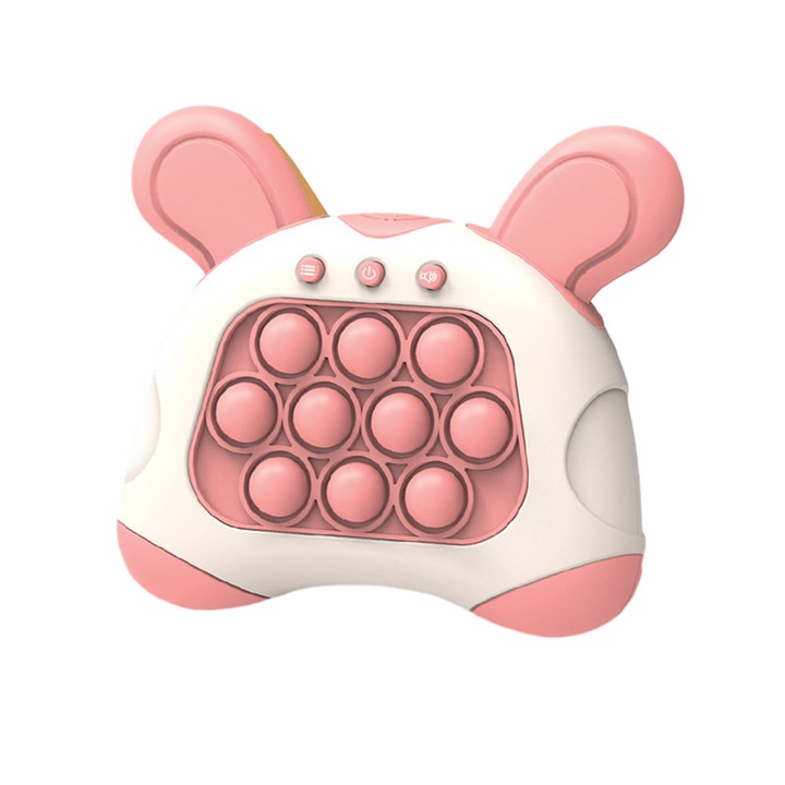 Jucarie Pop-It Youndra® pentru copii si adulti, Interactiva si Multifunctionala cu Sunete si Lumini, Distractiva si Portabila, pentru calatorii, marime 10.8x6x13 cm, forma urechi iepure, roz cu alb, baterii incluse