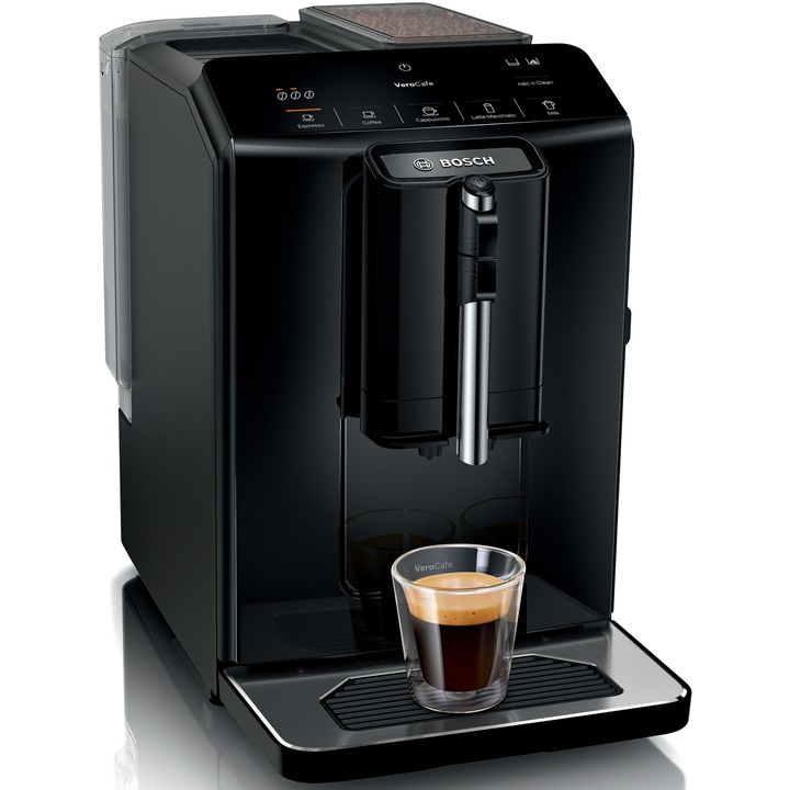 Кафеавтомат Bosch VeroCafe TIE20129, 15 бара, 1,4 л, Керамична мелачка, Пенообразувател за мляко MilkMagic Pro, Система SensoFlow, Черен