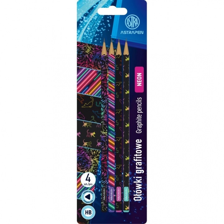 Set creioane triunghiulare din grafit, Astra, Astrapen Neon HB, 4 piese