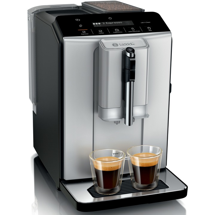 Bosch TIE20301 Automata kávéfőző Serie 2 VeroCafe, 15 bar nyomás, 5 program, aromavédő szemeskávé tároló, tejhabosító fukció, kerámia őrlő,- LCD kijelző, fekete-ezüst