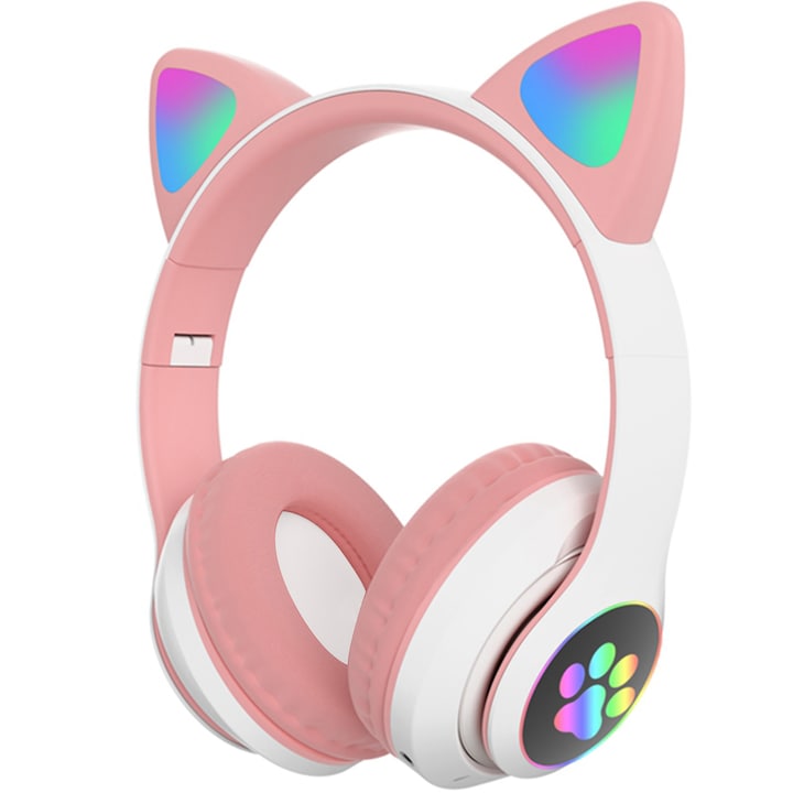 Безжични слушалки Cat Ear за деца с RGB LED, Bluetooth 5.0 EDR, microSD, JACK, Бяло-розов