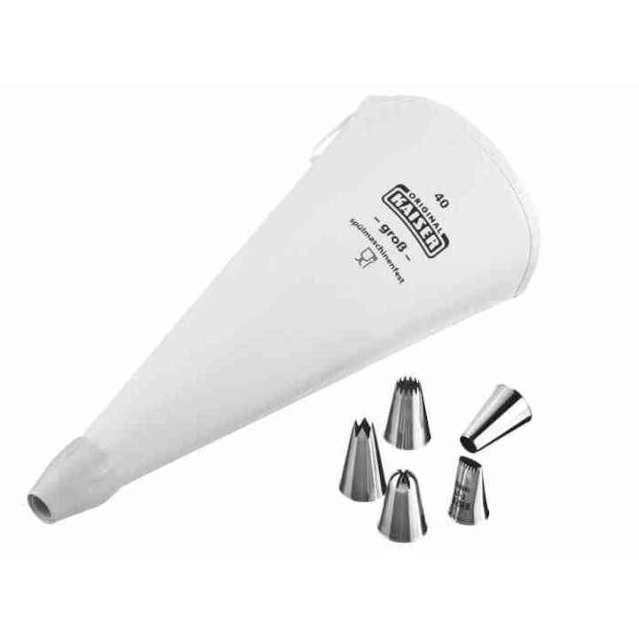 Set pos si 5 varfuri pentru ornat prajituri, Kaiser La Forme Plus, Bumbac/Inox, Alb