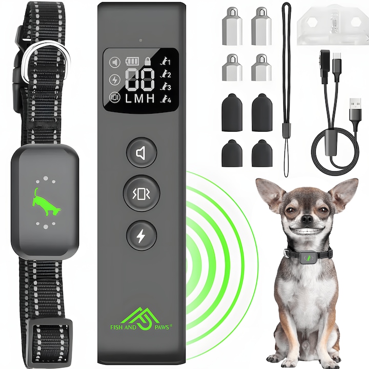 Zgarda electrica Fish & Paws ®, cu telecomanda pentru dresajul cainilor, vibratii si soc static, pentru vanatoare sau antrenamente, raza de actiune 487m, curea ajustabila 62cm, Negru