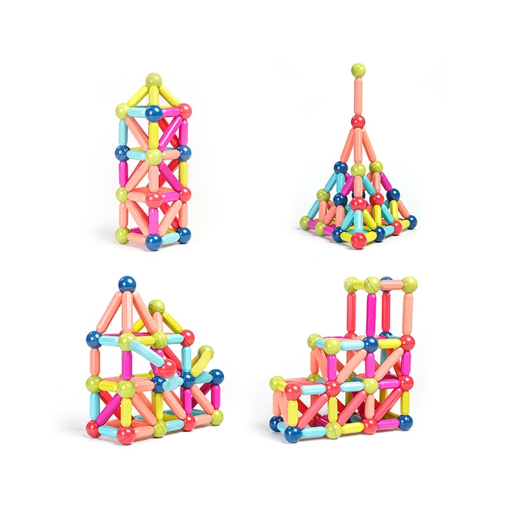Set de construit 100 piese magnetice, Magnetic Sticks, Multicolor