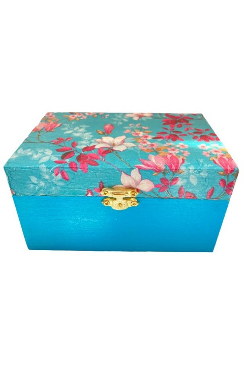 Fa ékszerdoboz, kézzel készített, kék virággal, 15x10x10 cm