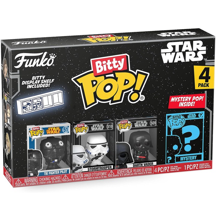 Set 4 figurine Funko Bitty POP! Star Wars - Darth Vader, Tie Fighter Pilot, Stormtrooper, figurina surpriza