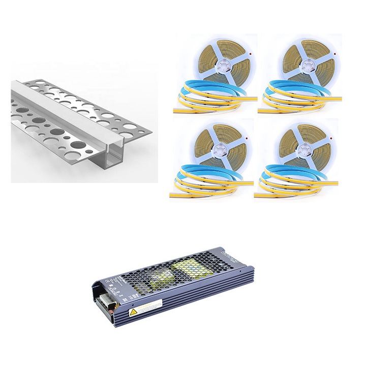 Комплект 20 метра Гипсокартонен профил, COB LED лента 10w/м и Захранване, цвят топъл/натурален/студен ZenLED