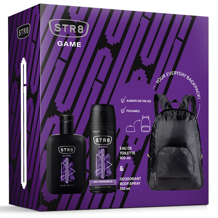 Set cadou STR8 GAME: Apa de toaleta 100ml + Deodorant spray pentru corp, 150 ml + cadou