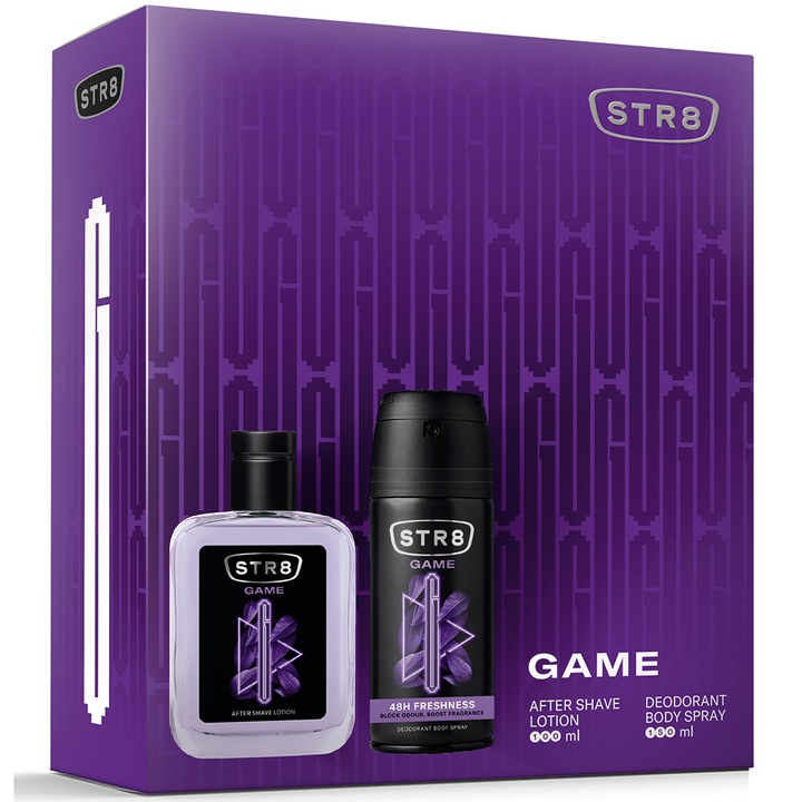 Set cadou STR8 GAME: Lotiune dupa barbierit 100ml + Deodorant spray pentru corp, 150 ml