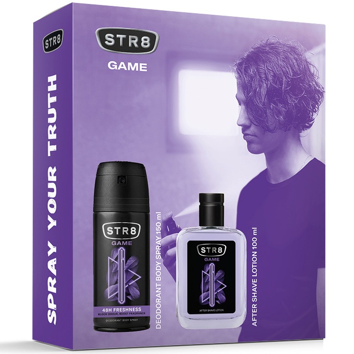 Set cadou STR8 Game: Lotiune dupa barbierit, 100 ml + Deodorant spray pentru corp, 150 ml