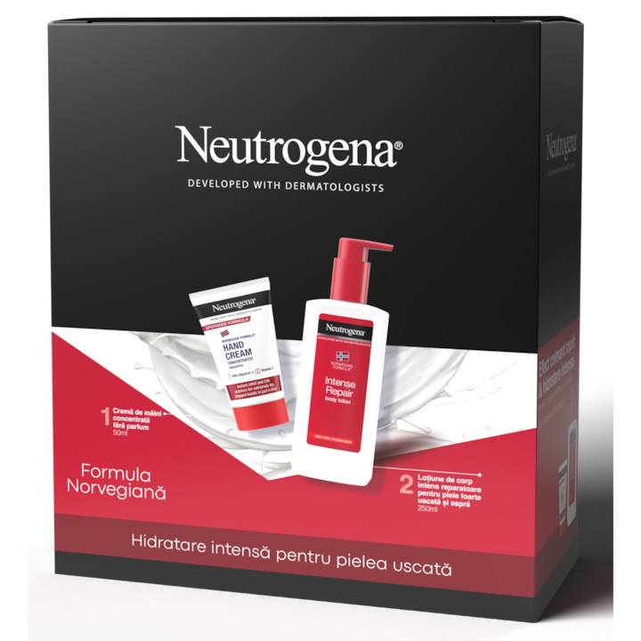 Подаръчен комплект Neutrogena: Интензивен възстановяващ лосион за тяло, 250 мл + Концентриран крем за ръце без аромат, 50 мл
