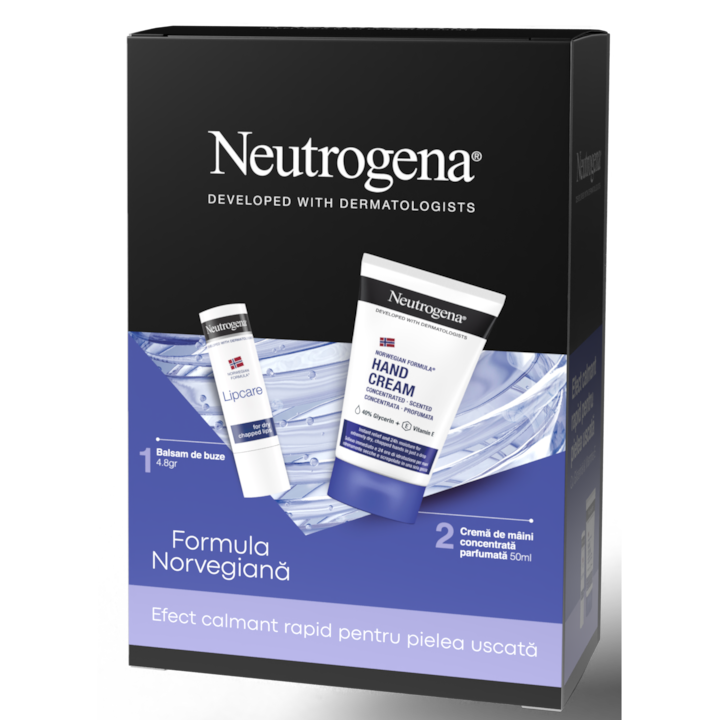 Комплект Neutrogena: Балсам за устни, 4,8 гр + Концентриран ароматизиран крем за ръце, 50 мл