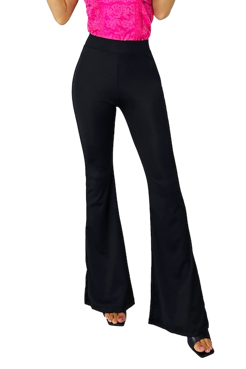 Pantaloni lycra office de dama, Natalie, cu talie inalta si croi evazat, Negru