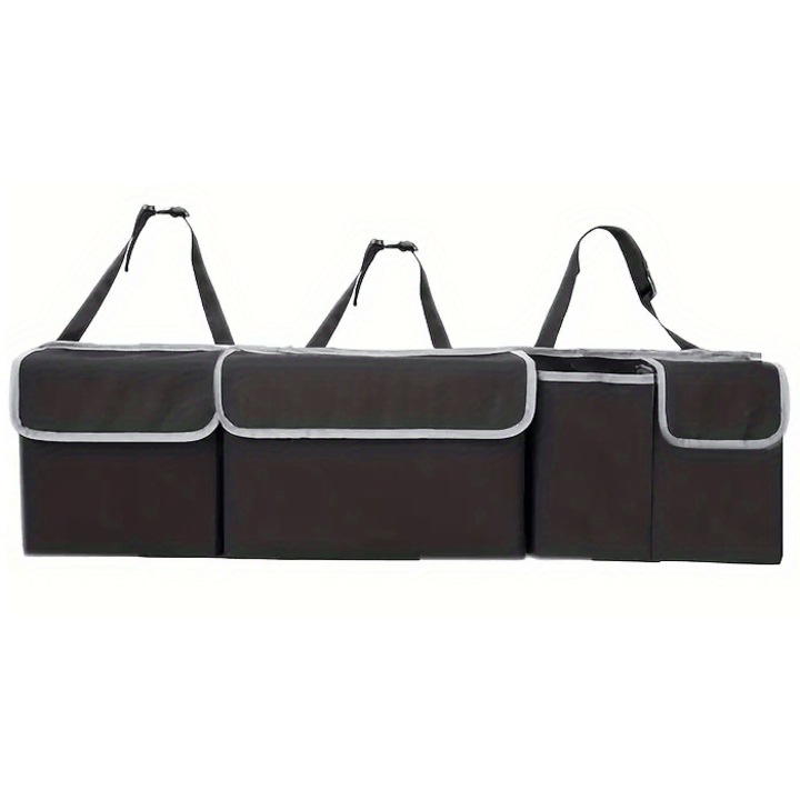 Autós rendszerező fejtámlára rögzíthető, 3 zseb tépőzárral, 1 kulacsos zseb, univerzális illeszkedés, 90 x 12 x 25 cm, Roll Fast, fekete