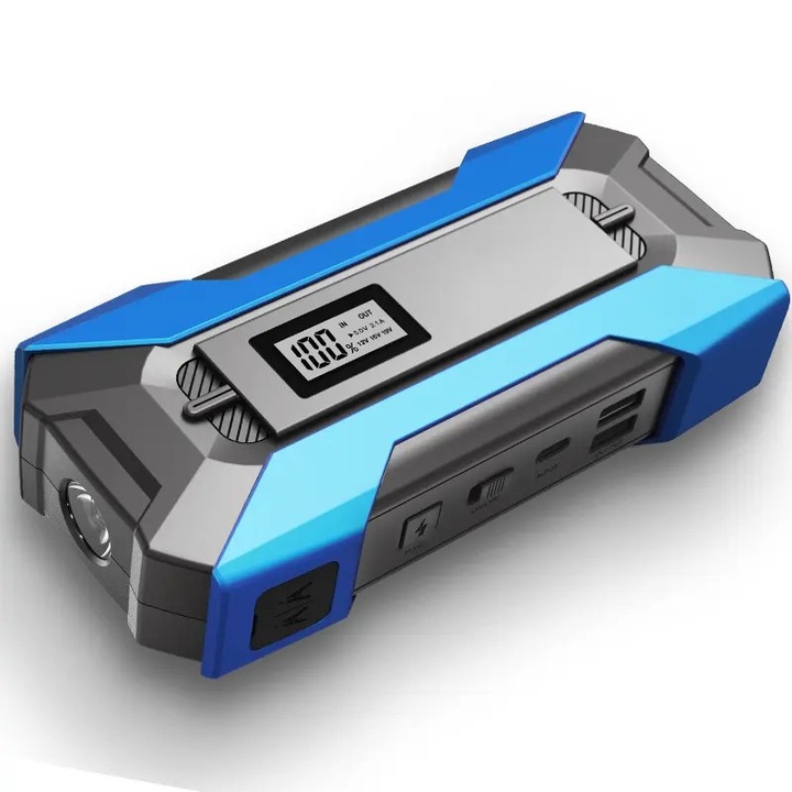 Starter auto multifunctional portabil MOOD ( BE AUTHENTIC ), pentru motor benzina/diesel, capacitate 37000mWh, 12V, 8/5 L, 17.5X8.2X4.2 cm, negru/albastru