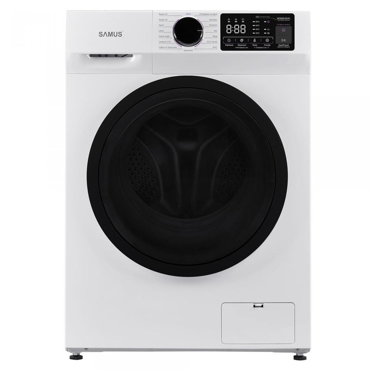 Masina de spalat rufe frontala Samus WSNDI-9141, 9 kg, 1400 rpm, clasa A, adancime 50 cm, motor inverter, functie Abur, program tesaturi XXL, control antispuma, pornire intarziata, Alb