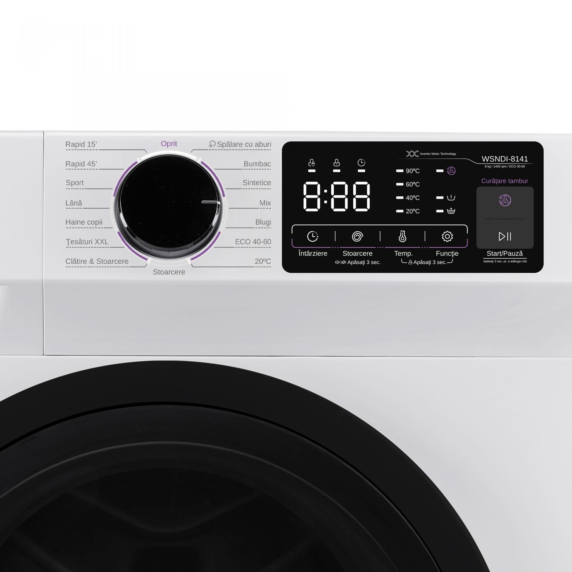 Masina de spalat rufe Samus WSNDI-8141,8 kg, 15 Programe, Motor inverter, Clasa A, Blocare Acces copii, Alb