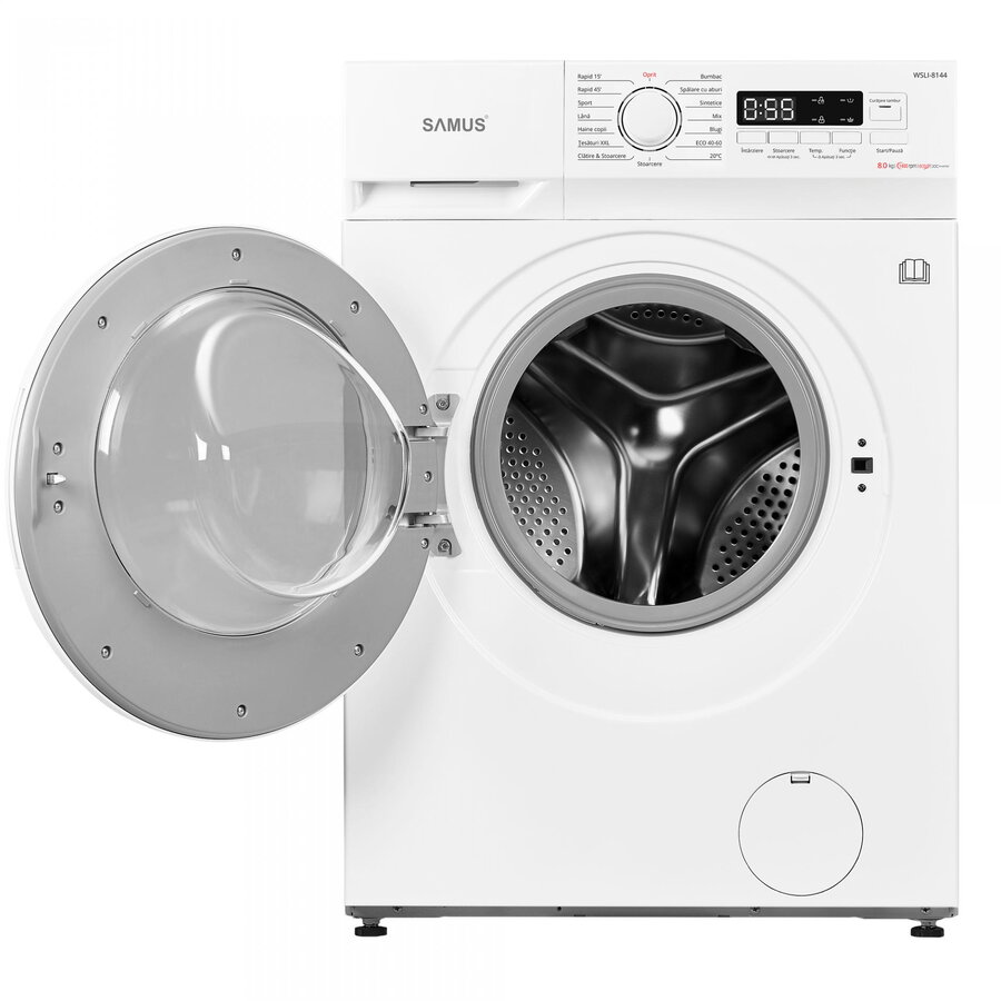 Masina de spalat rufe Samus WSLI-8144,8 Kg, Motor Inverter, Slim, 15 Programe, 1400 rotatii, Clasa energetica A, Termostat reglabil, Program ECO 40-60°C, Blocare acces copii, Alb