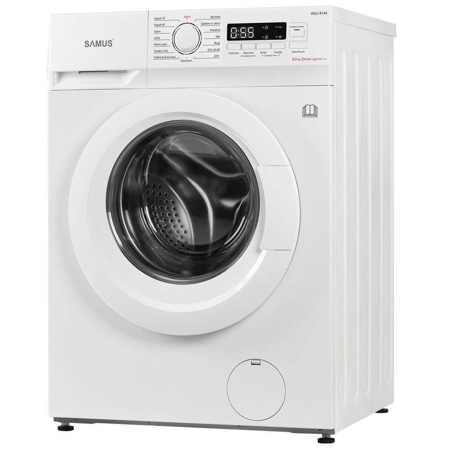 Masina de spalat rufe Samus WSLI-8144,8 Kg, Motor Inverter, Slim, 15 Programe, 1400 rotatii, Clasa energetica A, Termostat reglabil, Program ECO 40-60°C, Blocare acces copii, Alb