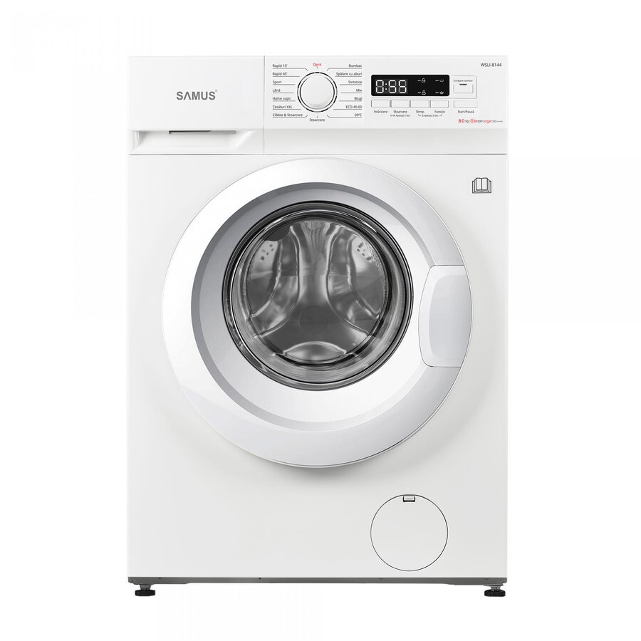 Masina de spalat rufe Samus WSLI-8144,8 Kg, Motor Inverter, Slim, 15 Programe, 1400 rotatii, Clasa energetica A, Termostat reglabil, Program ECO 40-60°C, Blocare acces copii, Alb